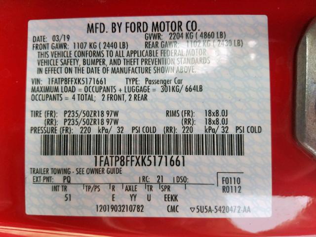 1FATP8FFXK5171661 - 2019 FORD MUSTANG GT RED photo 10