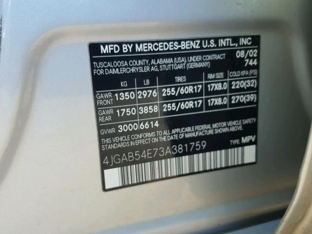 4JGAB54E73A381759 - 2003 MERCEDES-BENZ ML 320 SILVER photo 10