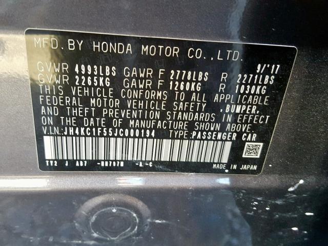 JH4KC1F55JC000194 - 2018 ACURA RLX TECH GRAY photo 10