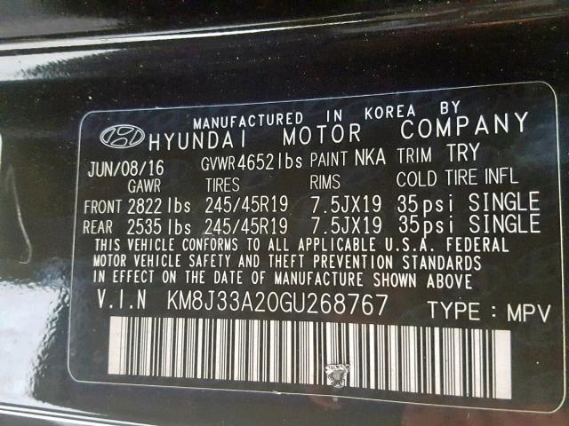 KM8J33A20GU268767 - 2016 HYUNDAI TUCSON LIM BLACK photo 10