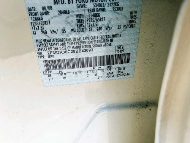 2FMDK36C28BB42693 - 2008 FORD EDGE SE CREAM photo 10