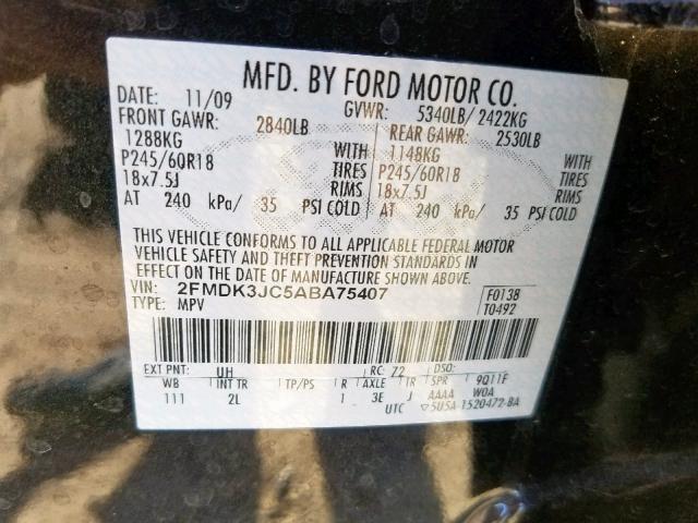 2FMDK3JC5ABA75407 - 2010 FORD EDGE SEL BLACK photo 10