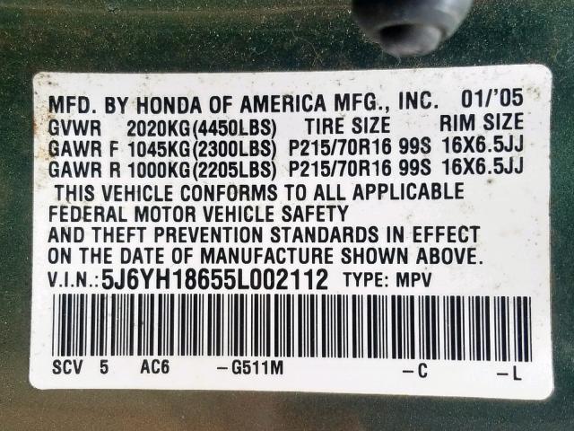 5J6YH18655L002112 - 2005 HONDA ELEMENT EX GREEN photo 10