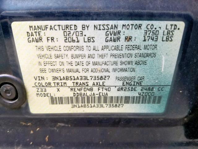 3N1AB51A33L735827 - 2003 NISSAN SENTRA SE- GREEN photo 10