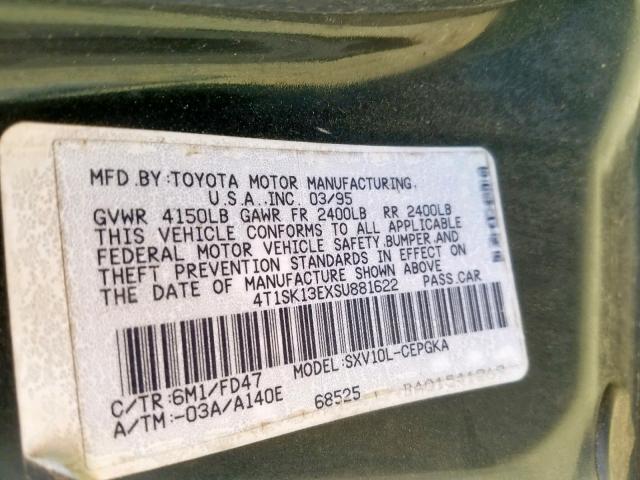 4T1SK13EXSU881622 - 1995 TOYOTA CAMRY XLE GREEN photo 10