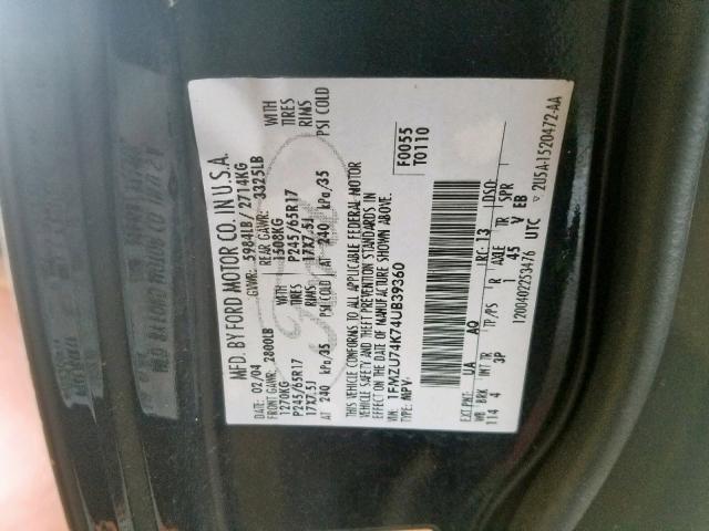 1FMZU74K74UB39360 - 2004 FORD EXPLORER E BLACK photo 10