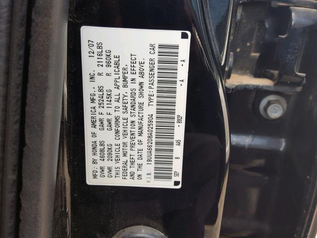 19UUA66208A025904 - 2008 ACURA TL BLACK photo 10