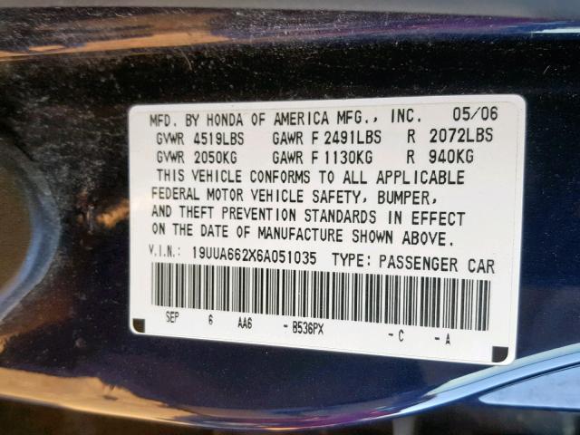 19UUA662X6A051035 - 2006 ACURA 3.2TL BLUE photo 10