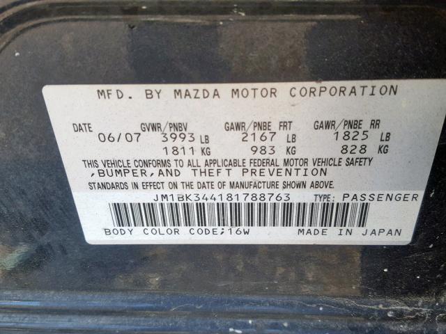 JM1BK344181788763 - 2008 MAZDA 3 HATCHBAC BLACK photo 10