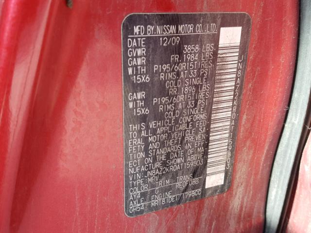 JN8AZ2KR0AT159803 - 2010 NISSAN CUBE BASE RED photo 10