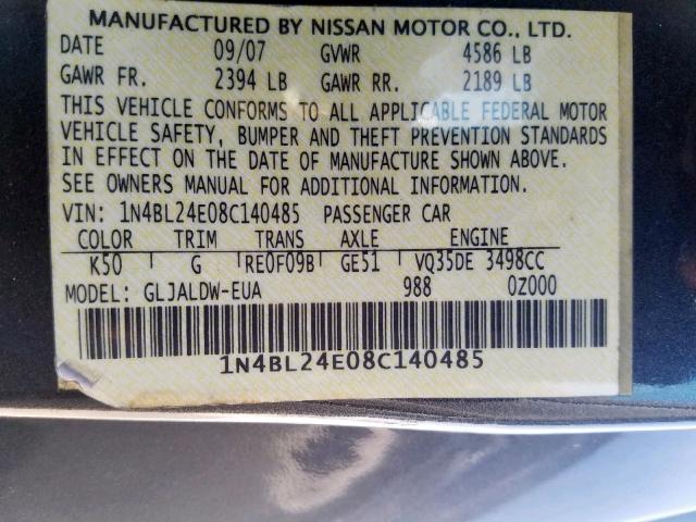 1N4BL24E08C140485 - 2008 NISSAN ALTIMA 3.5 CHARCOAL photo 10