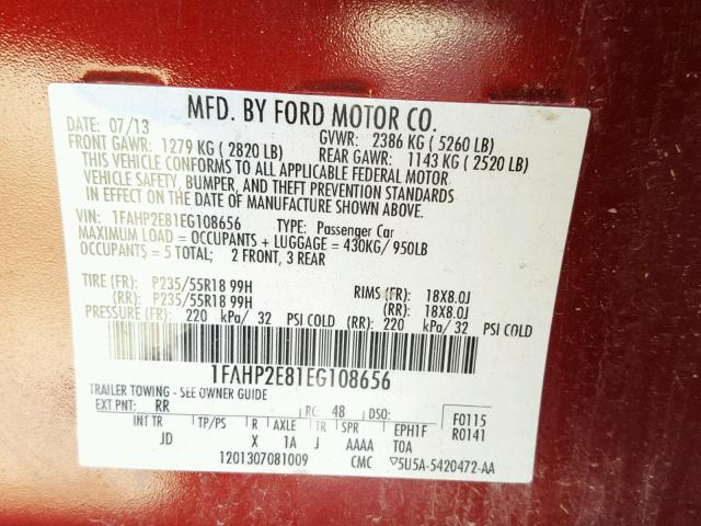 1FAHP2E81EG108656 - 2014 FORD TAURUS SEL MAROON photo 10