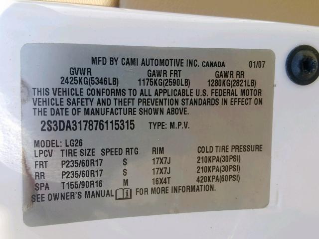 2S3DA317876115315 - 2007 SUZUKI XL7 LUXURY WHITE photo 10