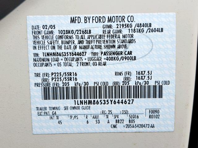 1LNHM86S35Y644627 - 2005 LINCOLN LS 白色 照片 10