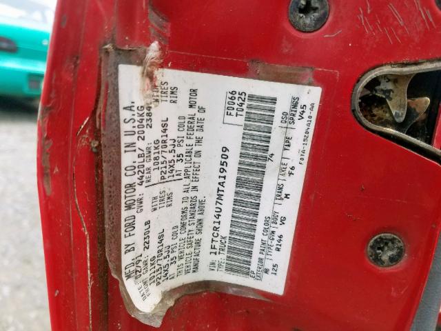 1FTCR14U7MTA19509 - 1991 FORD RANGER SUP RED photo 10