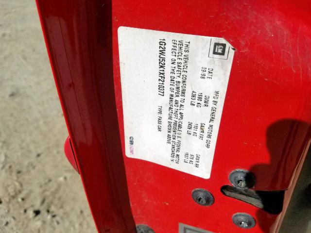 1G2WJ52K1XF210377 - 1999 PONTIAC GRAND PRIX RED photo 10