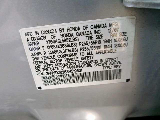 2HNYD28268H519631 - 2008 ACURA MDX SILVER photo 10