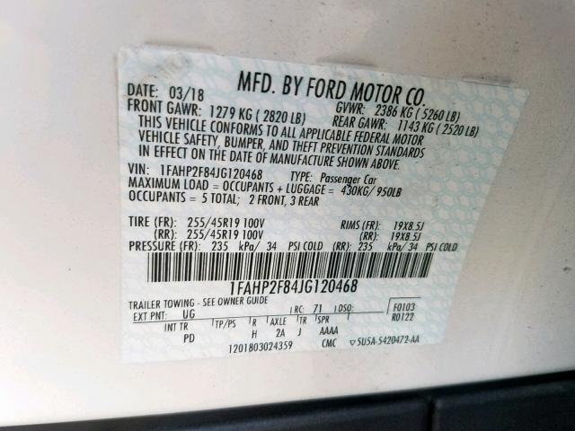 1FAHP2F84JG120468 - 2018 FORD TAURUS LIM WHITE photo 10