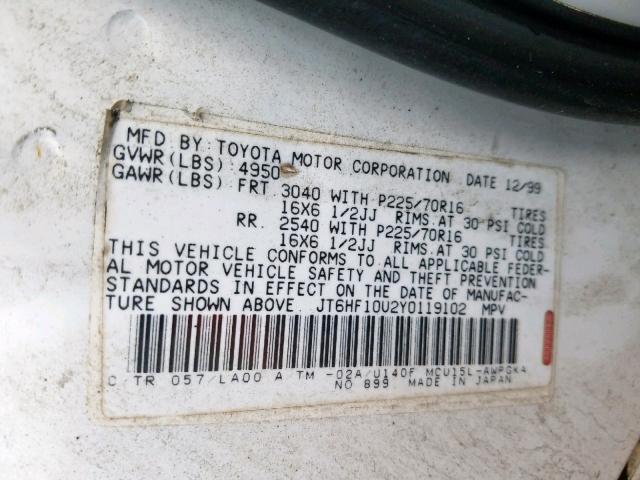 JT6HF10U2Y0119102 - 2000 LEXUS RX 300 BEIGE photo 10