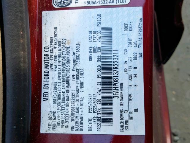 3FAHP08137R223211 - 2007 FORD FUSION SEL RED photo 10