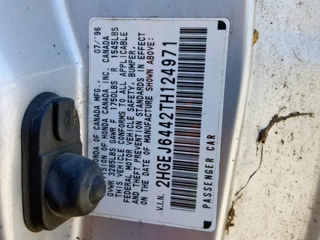 2HGEJ6442TH124971 - 1996 HONDA CIVIC DX SILVER photo 10