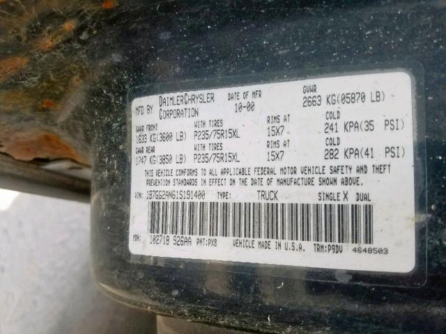 1B7GG2AN61S191400 - 2001 DODGE DAKOTA QUA BLACK photo 10