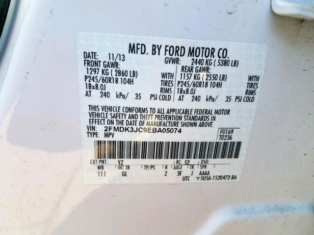 2FMDK3JC9EBA05074 - 2014 FORD EDGE SEL WHITE photo 10