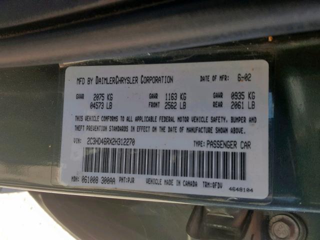 2C3HD46RX2H312270 - 2002 CHRYSLER CONCORDE L GREEN photo 10