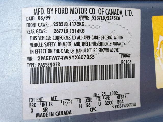 2MEFM74W9YX607855 - 2000 MERCURY GRAND MARQ BLUE photo 10