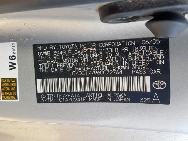 JTKDE177960072764 - 2006 TOYOTA SCION TC ვერცხლისფერი ფოტო 10