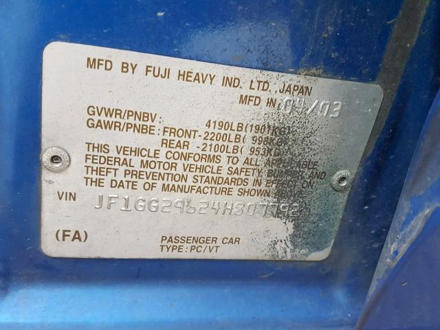 JF1GG29624H807792 - 2004 SUBARU IMPREZA WR BLUE photo 10