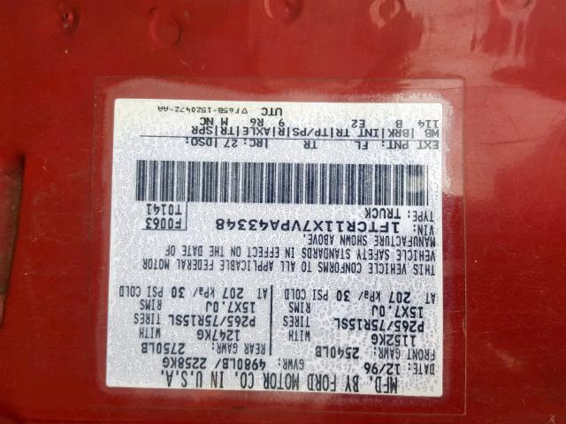 1FTCR11X7VPA43348 - 1997 FORD RANGER RED photo 10