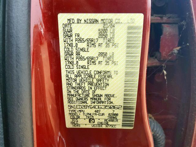 5N1ED28Y64C635062 - 2004 NISSAN XTERRA XE RED photo 10