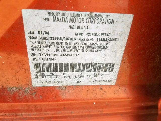 1YVHP80C445N45371 - 2004 MAZDA 6 I ORANGE photo 10