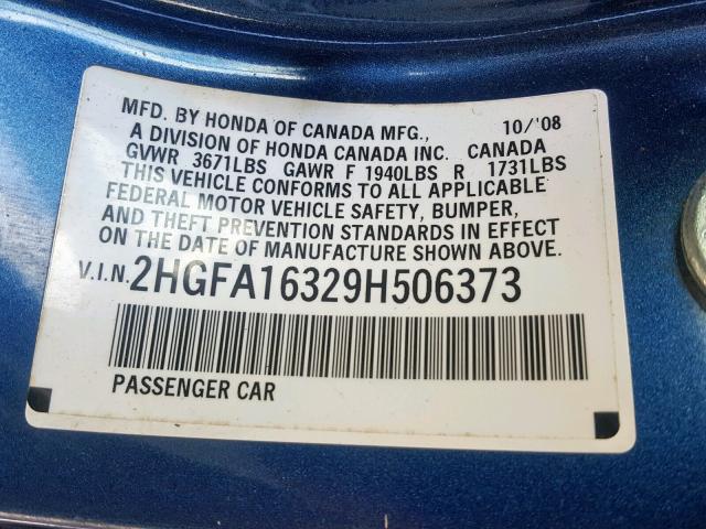 2HGFA16329H506373 - 2009 HONDA CIVIC VP BLUE photo 10