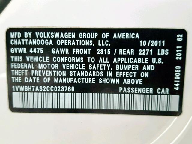 1VWBH7A32CC023766 - 2012 VOLKSWAGEN PASSAT SE WHITE photo 10