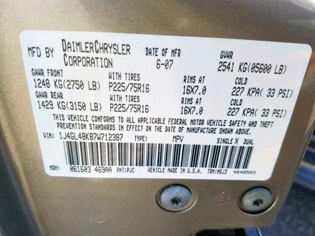 1J4GL48K87W712387 - 2007 JEEP LIBERTY SP BEIGE photo 10