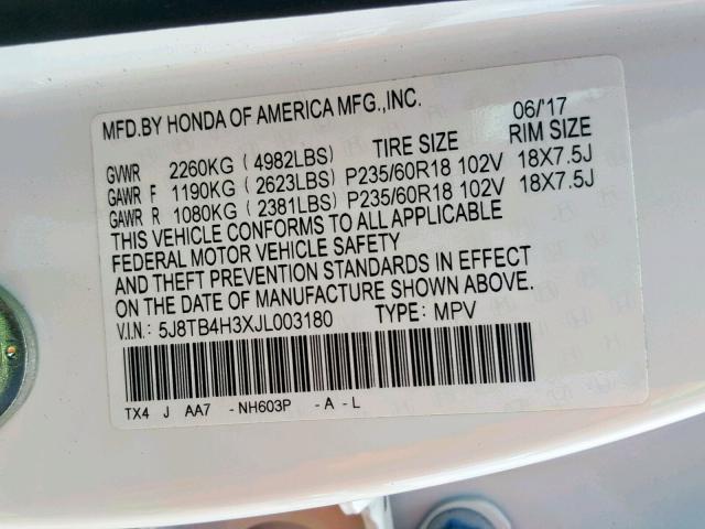 5J8TB4H3XJL003180 - 2018 ACURA RDX WHITE photo 10