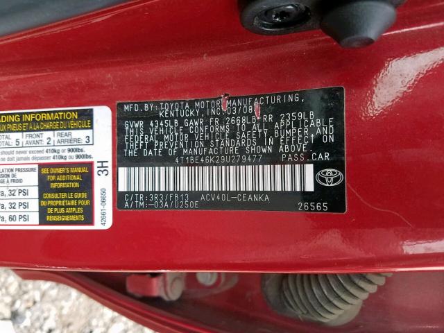 4T1BE46K29U279477 - 2009 TOYOTA CAMRY BASE RED photo 10
