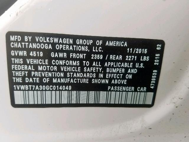 1VWBT7A30GC014049 - 2016 VOLKSWAGEN PASSAT SE WHITE photo 10