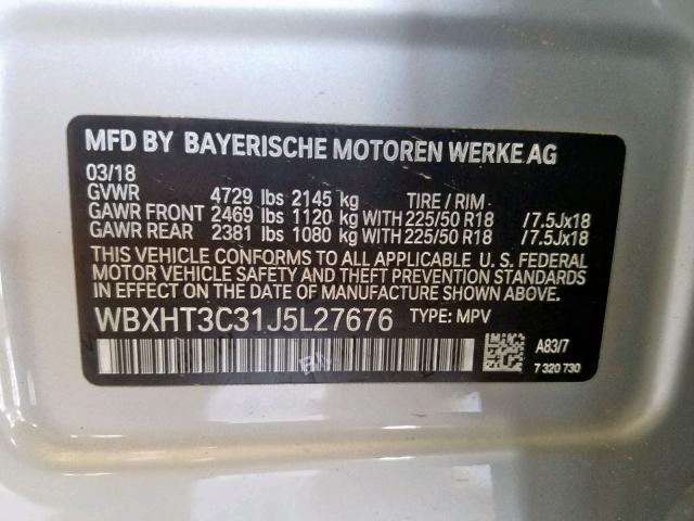 WBXHT3C31J5L27676 - 2018 BMW X1 XDRIVE2 SILVER photo 10