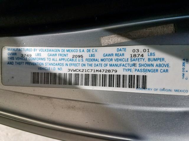 3VWCK21C71M472879 - 2001 VOLKSWAGEN NEW BEETLE ნაცრისფერი ფოტო 10