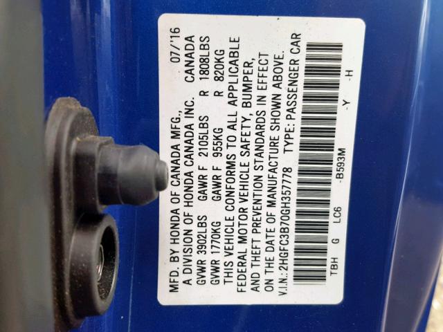 2HGFC3B70GH357778 - 2016 HONDA CIVIC EXL 蓝色 照片 10