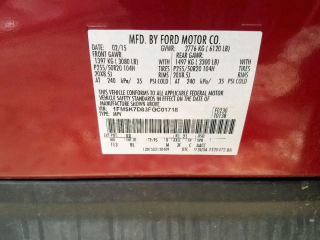 1FM5K7D83FGC01718 - 2015 FORD EXPLORER XLT  photo 10