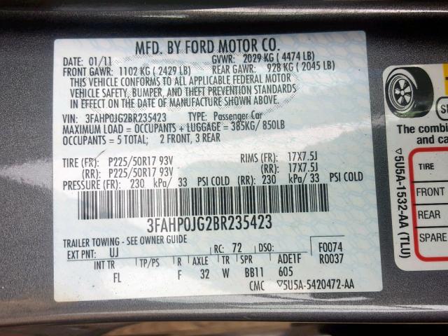 3FAHP0JG2BR235423 - 2011 FORD FUSION SEL GRAY photo 10