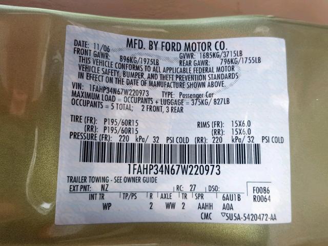 1FAHP34N67W220973 - 2007 FORD FOCUS ZX4 GREEN photo 10