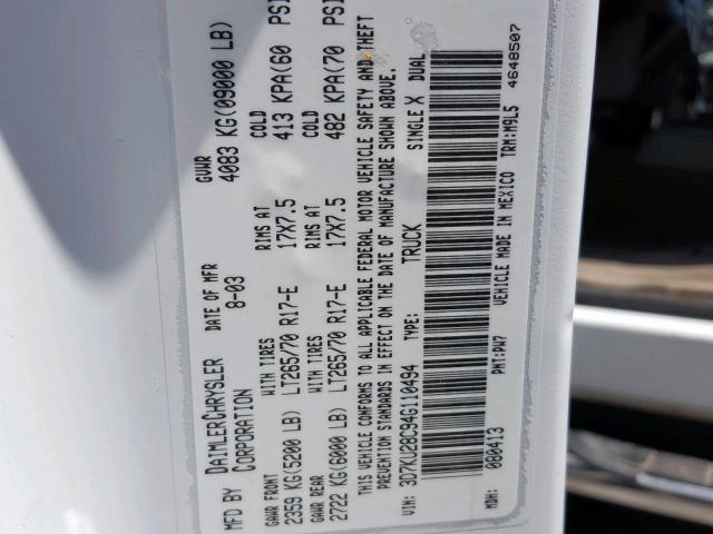 3D7KU28C94G110494 - 2004 DODGE RAM 2500 S თეთრი ფოტო 10