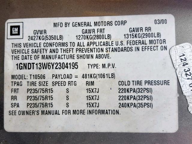 1GNDT13W6Y2304195 - 2000 CHEVROLET BLAZER TAN photo 10