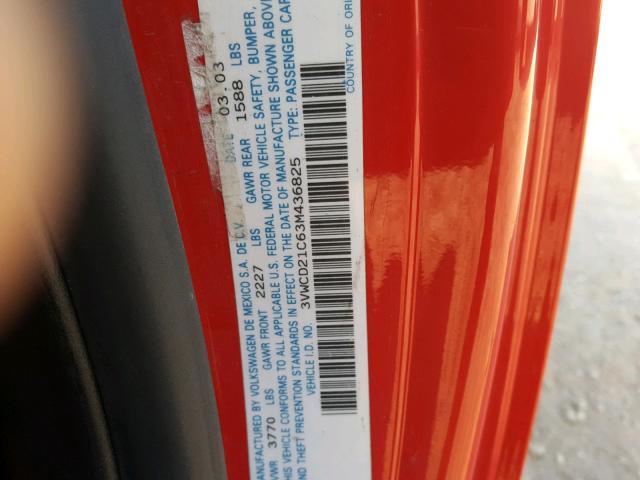 3VWCD21C63M436825 - 2003 VOLKSWAGEN NEW BEETLE RED photo 10