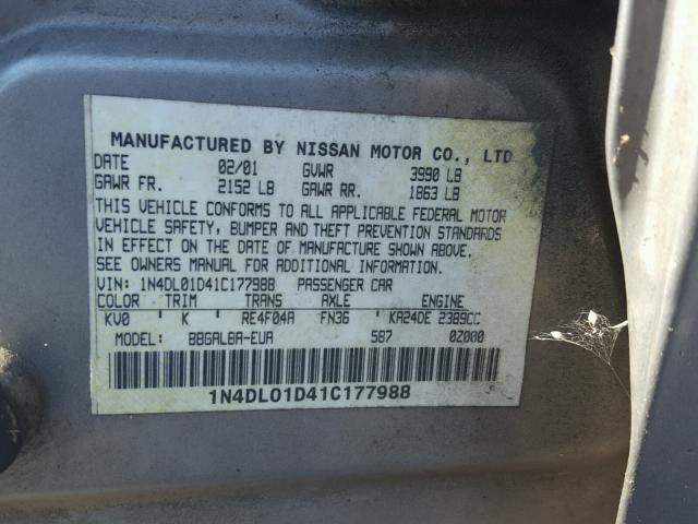 1N4DL01D41C177988 - 2001 NISSAN ALTIMA XE SILVER photo 10